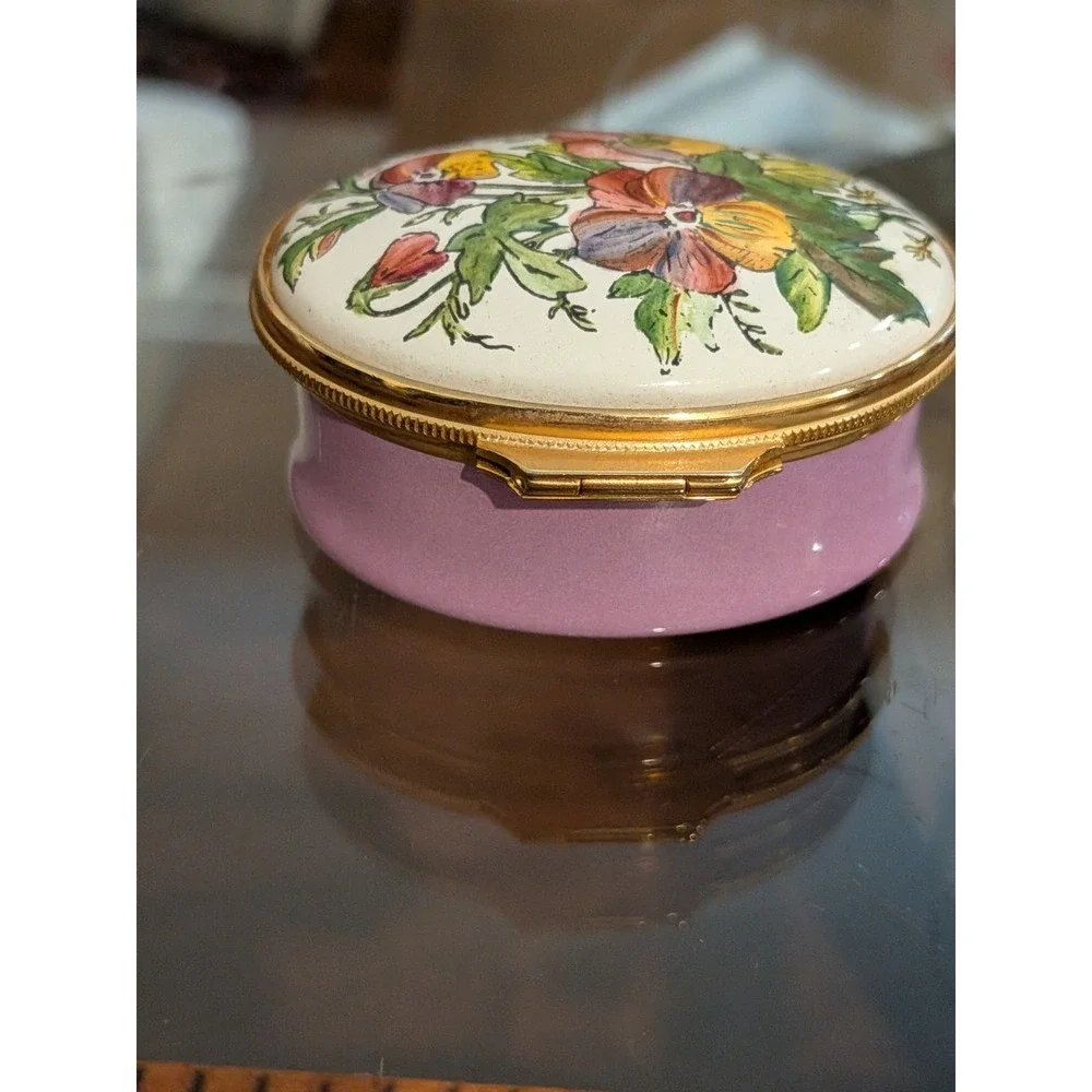 Halcyon Days Tiffany & Co Oval Enamel Pansy Pill or Trinket Box Lavender Purple